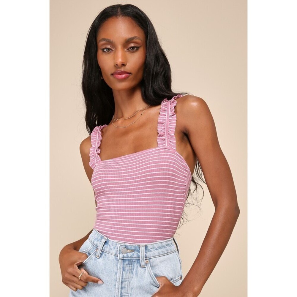 Lulus Sweetest Traits Dusty Rose Striped Ribbed Ruffled Bodysuit Pink - Size M